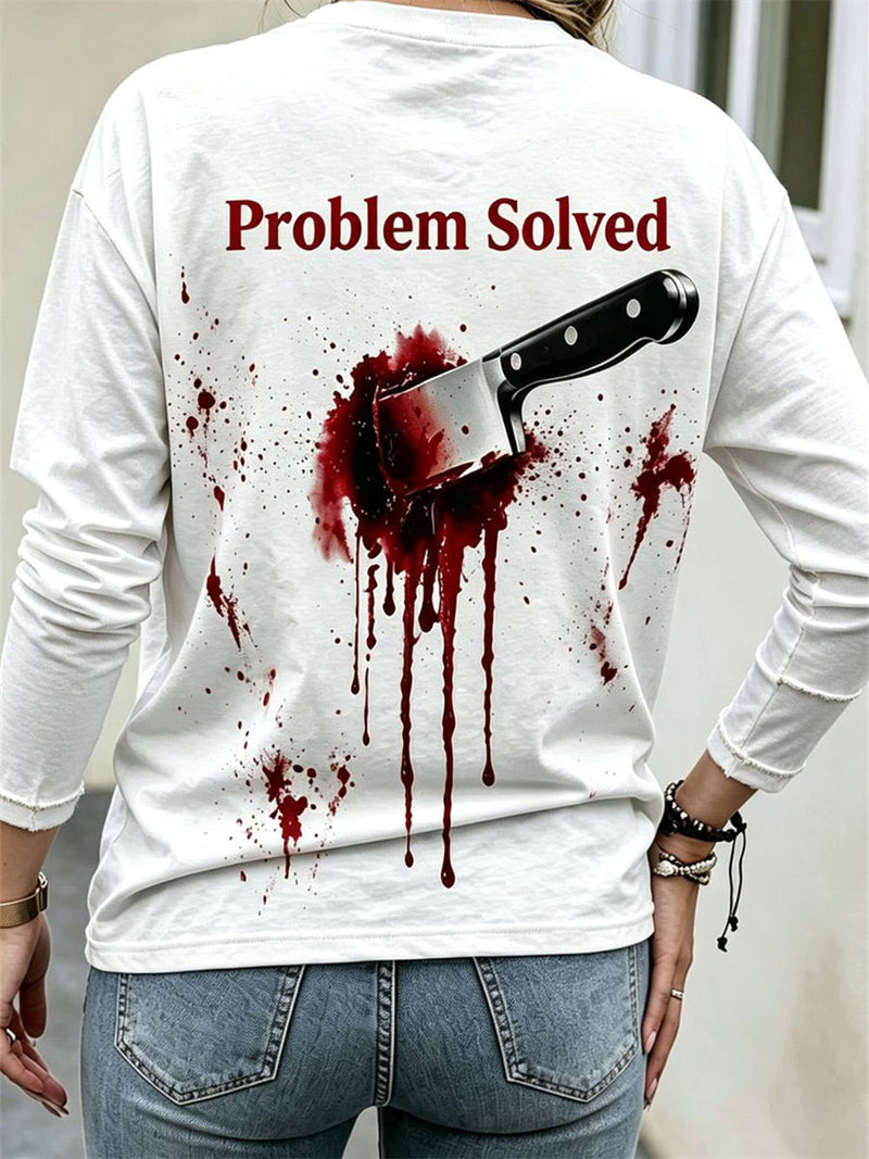 Women's Halloween White Blood Splash Letter Knife Print Round Neck Long Sleeve Blouse