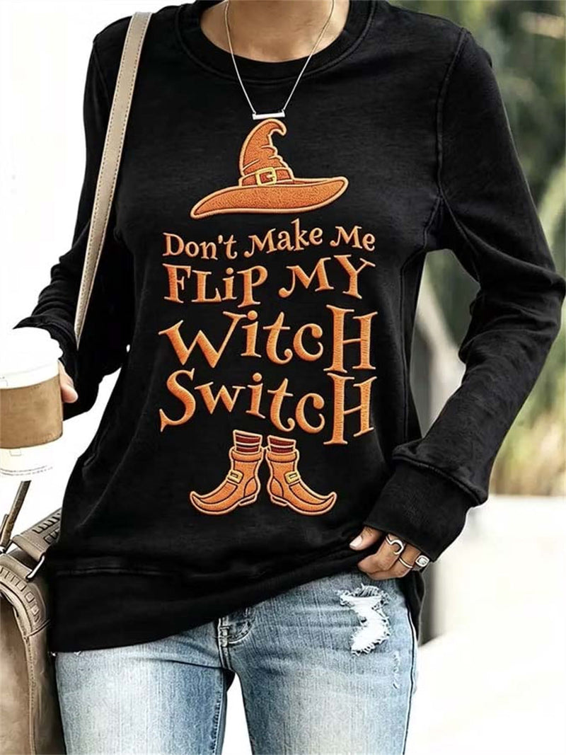 Women's Halloween Black Witch Letter Print Round Neck Long Sleeve Top