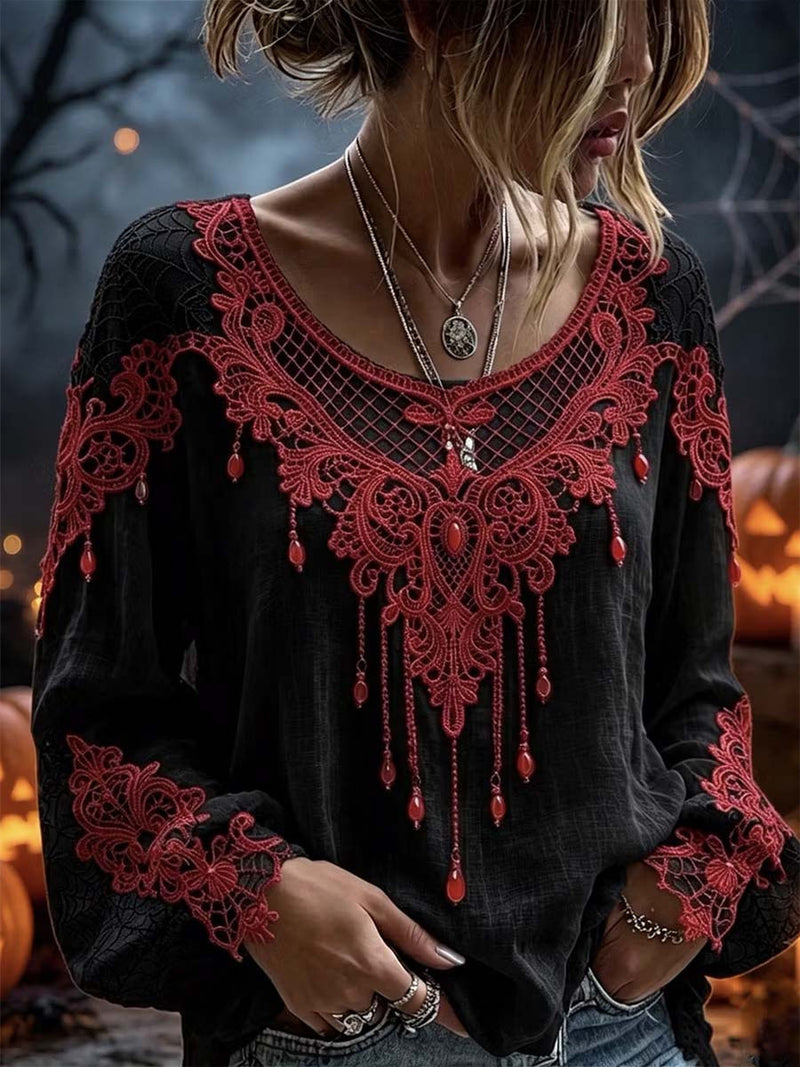 Women's Halloween Black Red Lace Embroidery Scoop Neck Long Sleeve Blouse