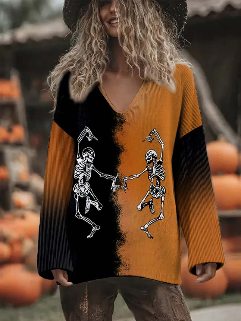 Women's Halloween Multi Split Dancing Skeleton Print V Neck Long Sleeve Blouse