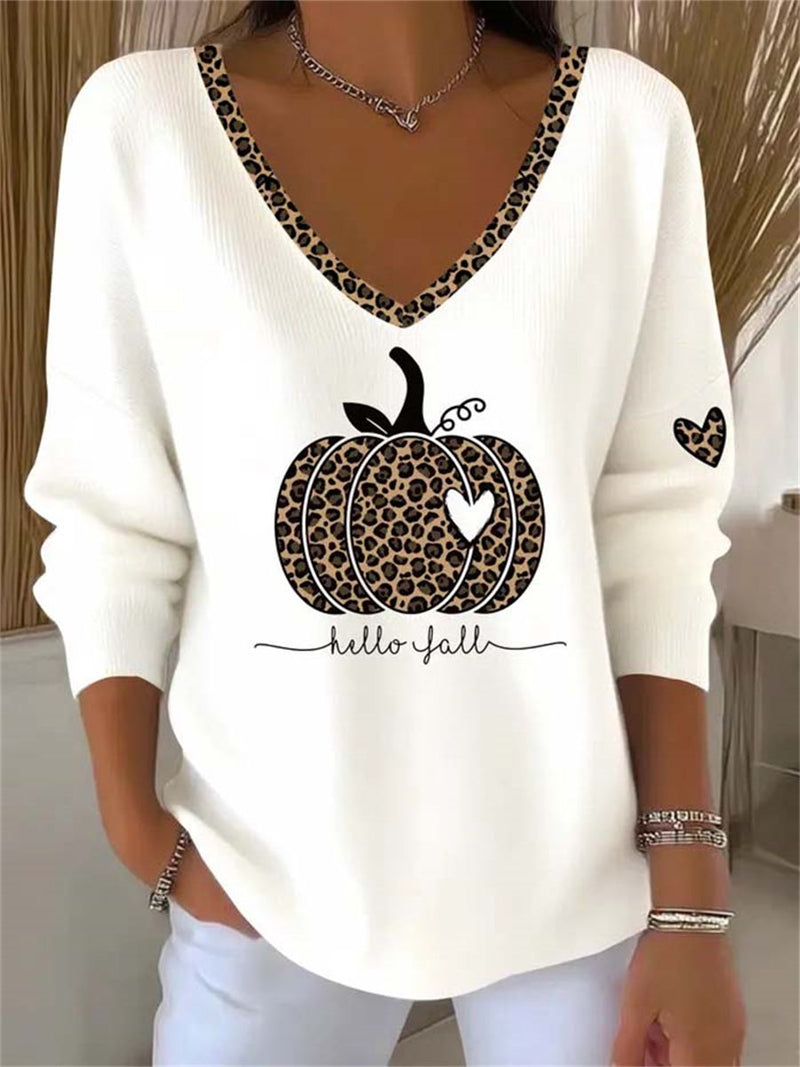 Women's Halloween White Leopard Pumpkin V Neck Long Sleeve Top