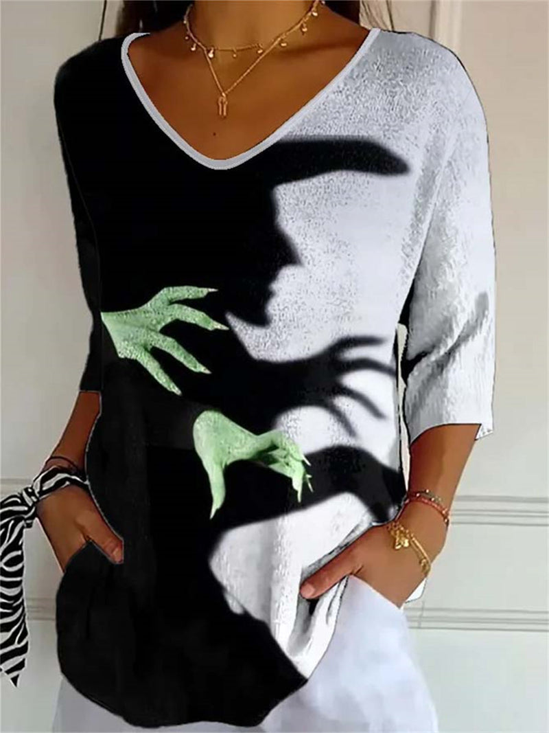 Women's Halloween Black White Contrast Witch Hand Print V Neck Three Quarter Sleeve Blouse