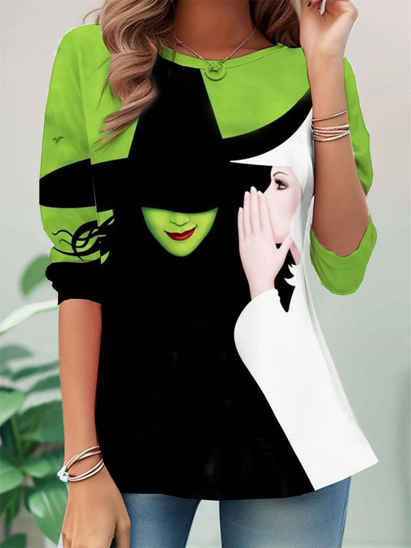 Women's Halloween Multi Tone Witch Character Print Crew Neck Long Sleeve Blouse