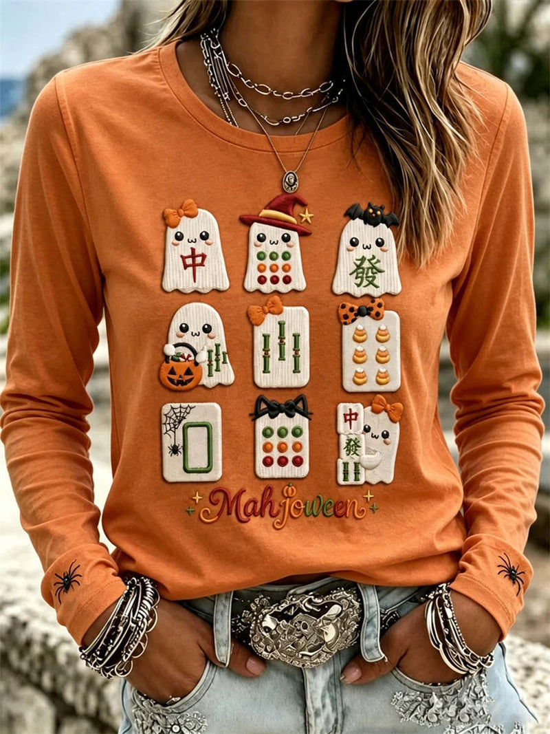 Women's Halloween Orange Mahjoween Ghost Mahjong Print Crew Neck Long Sleeve Blouse