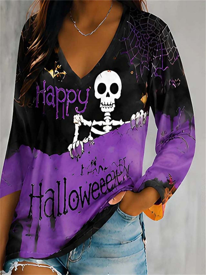 Women's Halloween Multi-Tone Skeleton Spider Web Halloween Print V-Neck Long Sleeve Blouse
