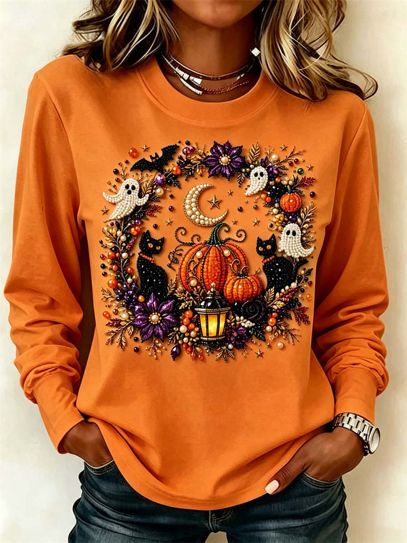 Women's Halloween Orange Pumpkin Ghost Black Cat Print Crew Neck Long Sleeve Top