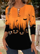 Women's Halloween Orange Halloween Split Neck Long Sleeve Blouse