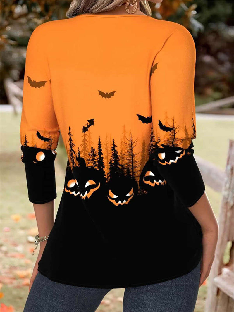 Women's Halloween Orange Halloween Split Neck Long Sleeve Blouse