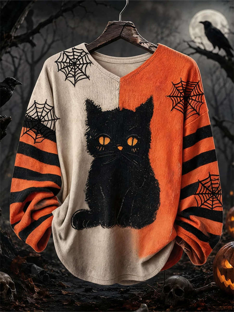 Women's Halloween Multi Black Cat Stripe V Neck Blouse