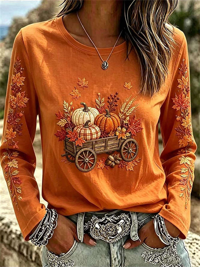 Women's Halloween Orange Pumpkin Maple Leaf Round Neck Long Sleeve Blouse