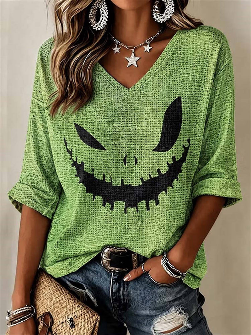 Women's Halloween Green Pumpkin Face Art V-Neck Short Sleeve Blouse