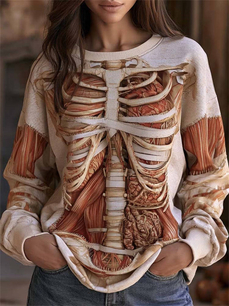 Women's Halloween Beige Human Anatomy Art Crew Neck Long Sleeve Top