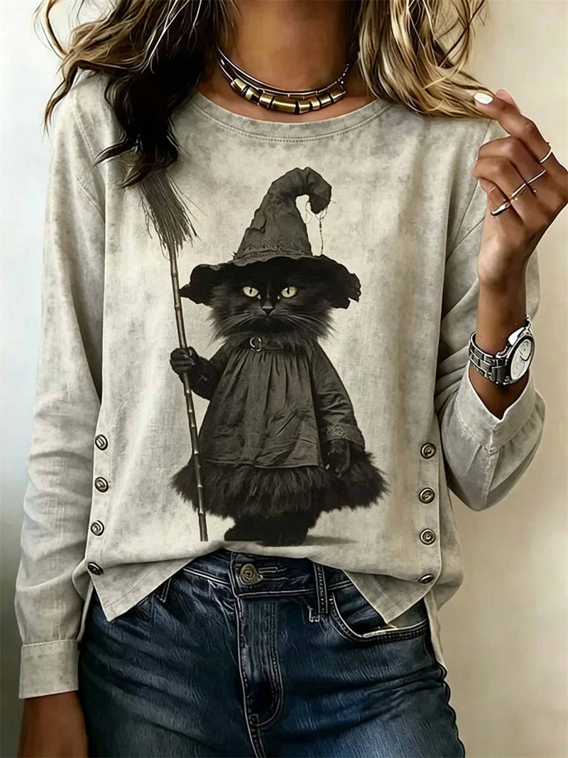 Women's Halloween Grey Witch Cat Art Crew Neck Long Sleeve Blouse