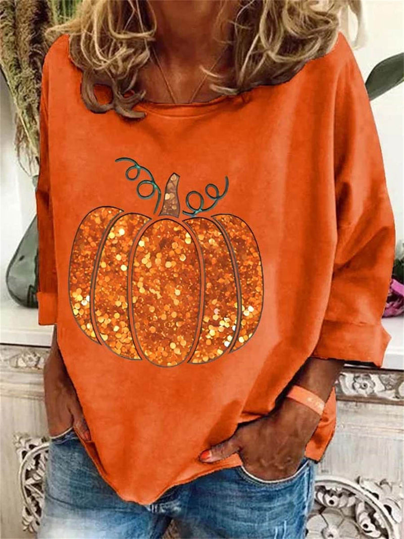 Women's Halloween Orange Pumpkin Round Neck 3/4 Sleeves Blouse
