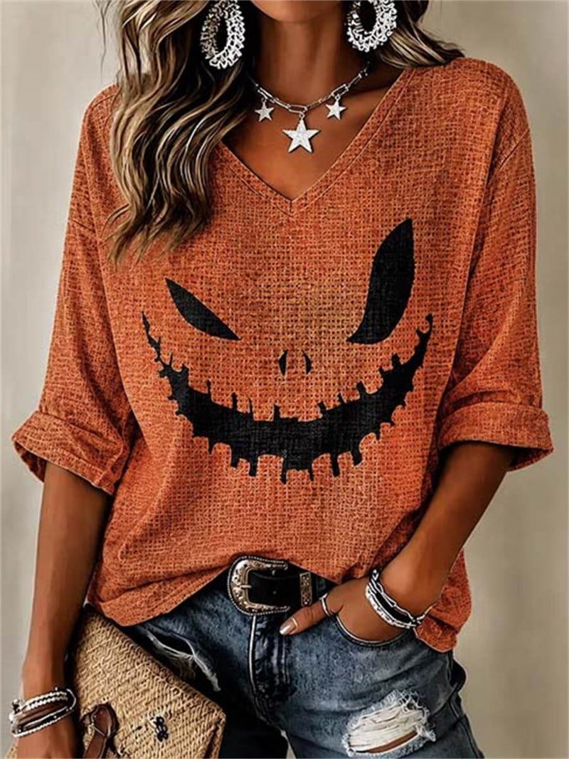 Women's Halloween Orange Pumpkin Face V-Neck 3/4 Sleeves Blouse