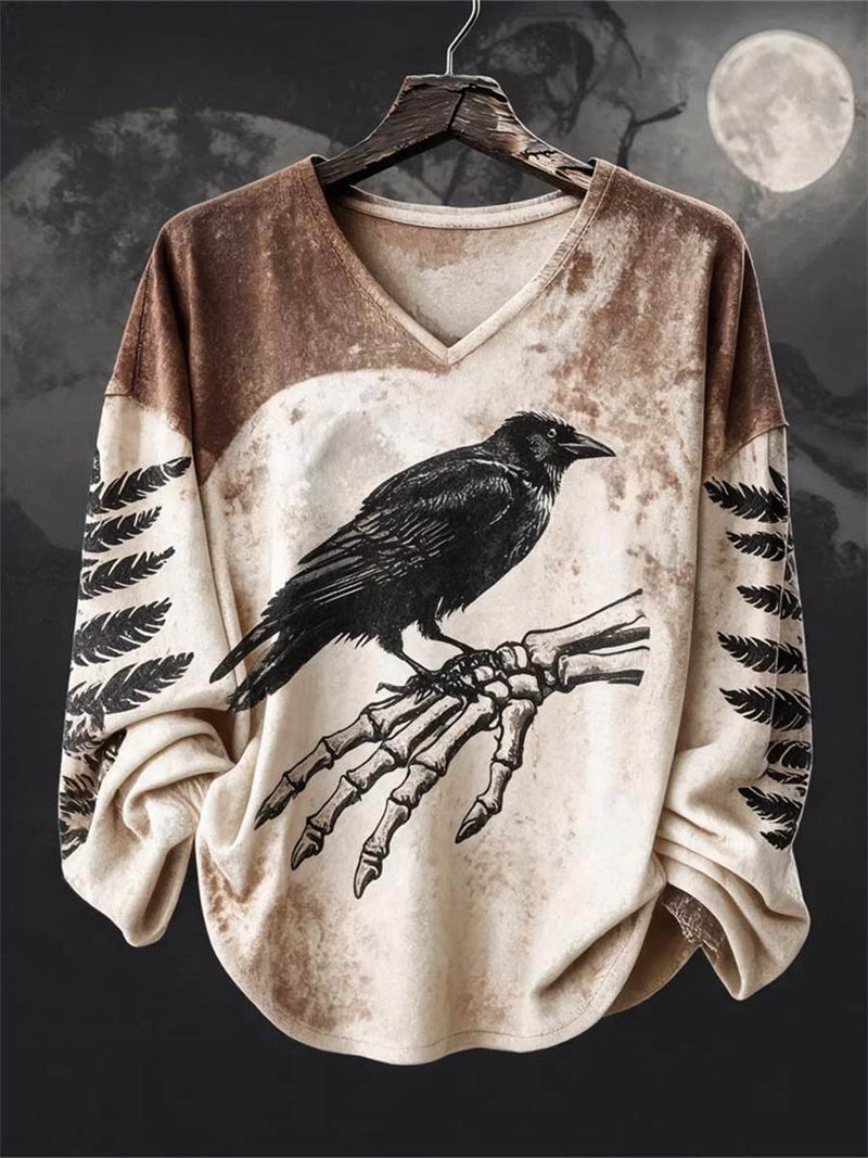 Women's Halloween Multi Raven Skeleton V-Neck Long Sleeves Blouse