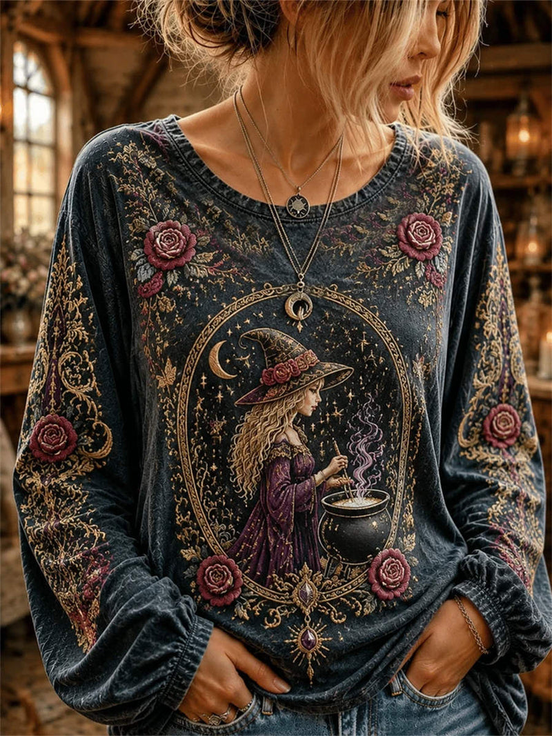 Women's Halloween Multi Witch Floral Round Neck Long Sleeve Blouse