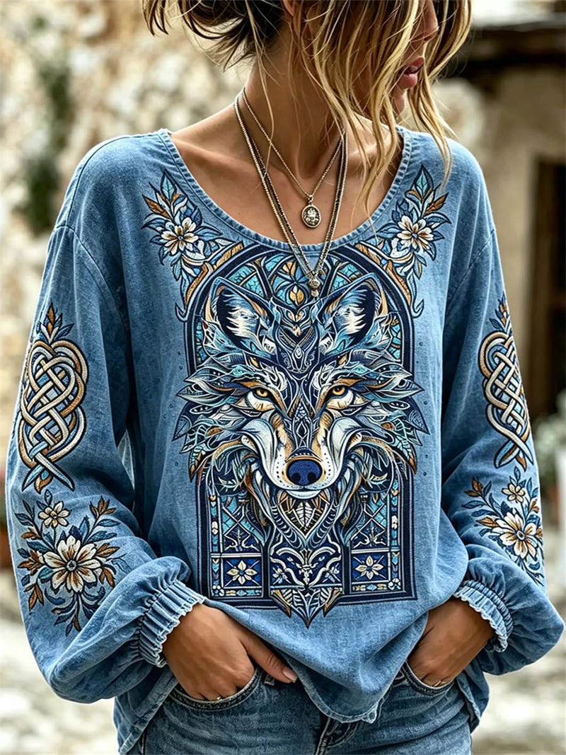 Women's Blue Viking Wolf Print Round Neck Long Sleeve Blouse