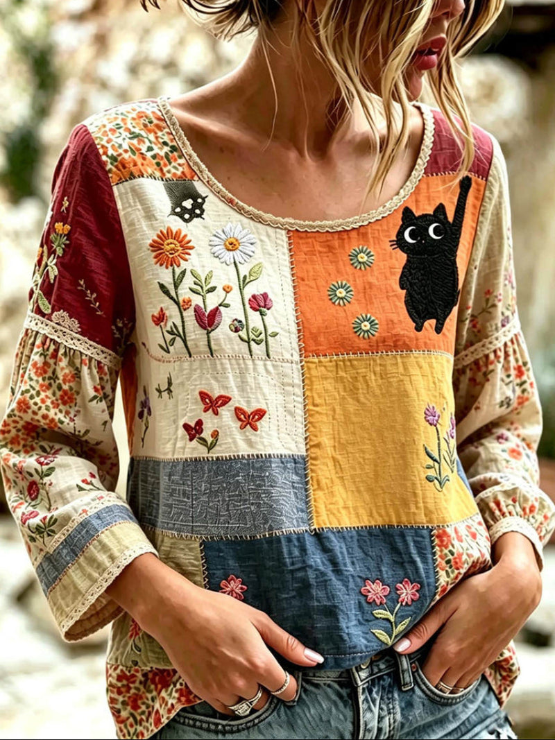 Women's Multi Patchwork Cat Floral Print Round Neck 3/4 Sleeves Blouse