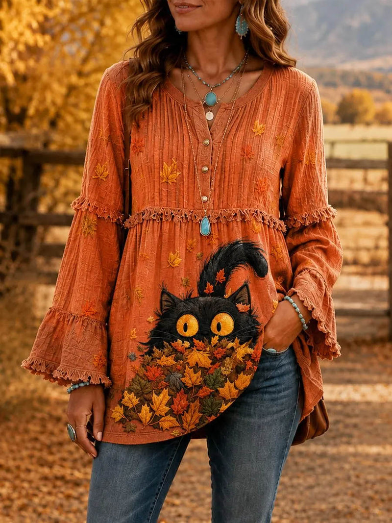 Women's Orange Animal V Neck Long Sleeve Blouse