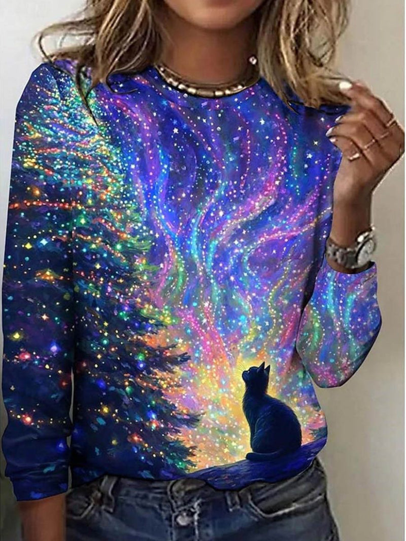 Women's Blue Cat Galaxy Graphic Round Neck Long Sleeve Blouse