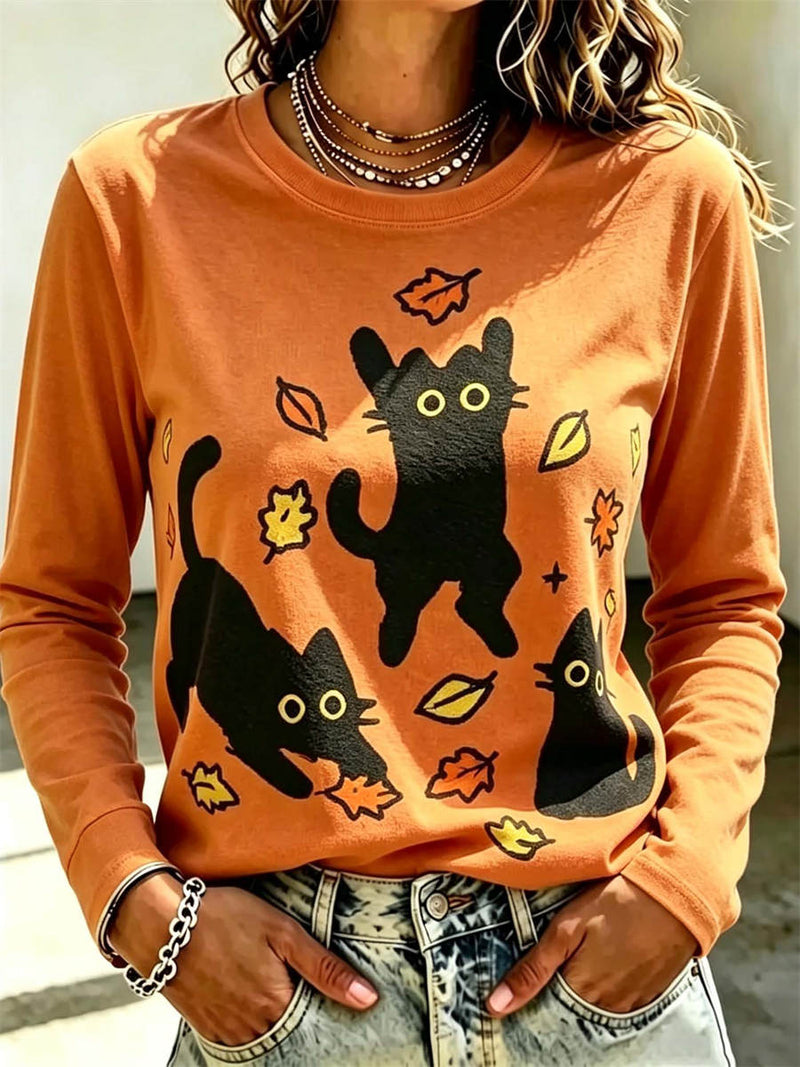 Women's Orange Cat Leaf Graphic Round Neck Long Sleeve Blouse