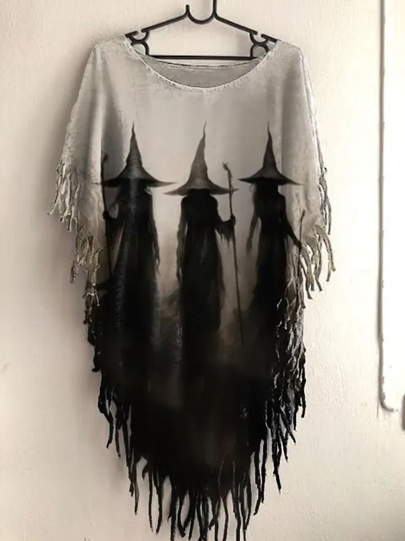 Women's Halloween Grey Witch Print Round Neck Fringe Sleeve Top