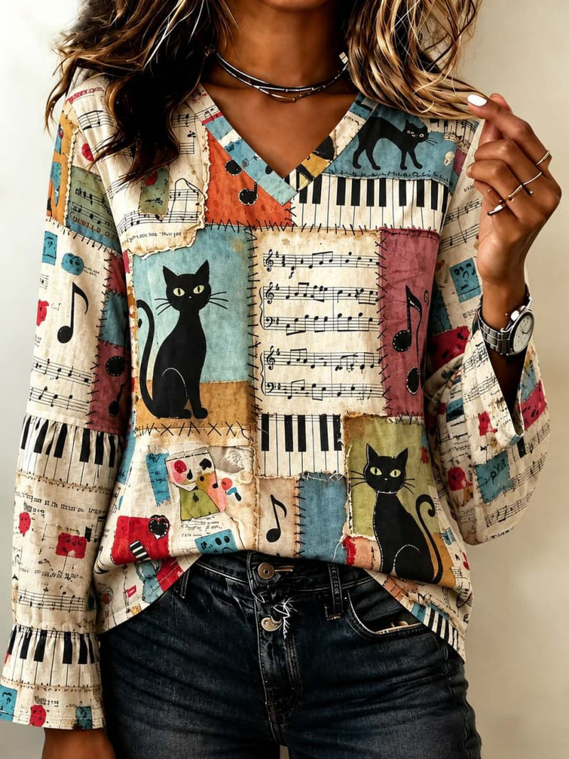 Women's Multi Cat Music Patchwork Print V Neck Long Sleeve Blouse