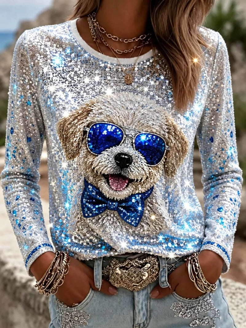Women's Multi Animal Round Neck Long Sleeve Blouse