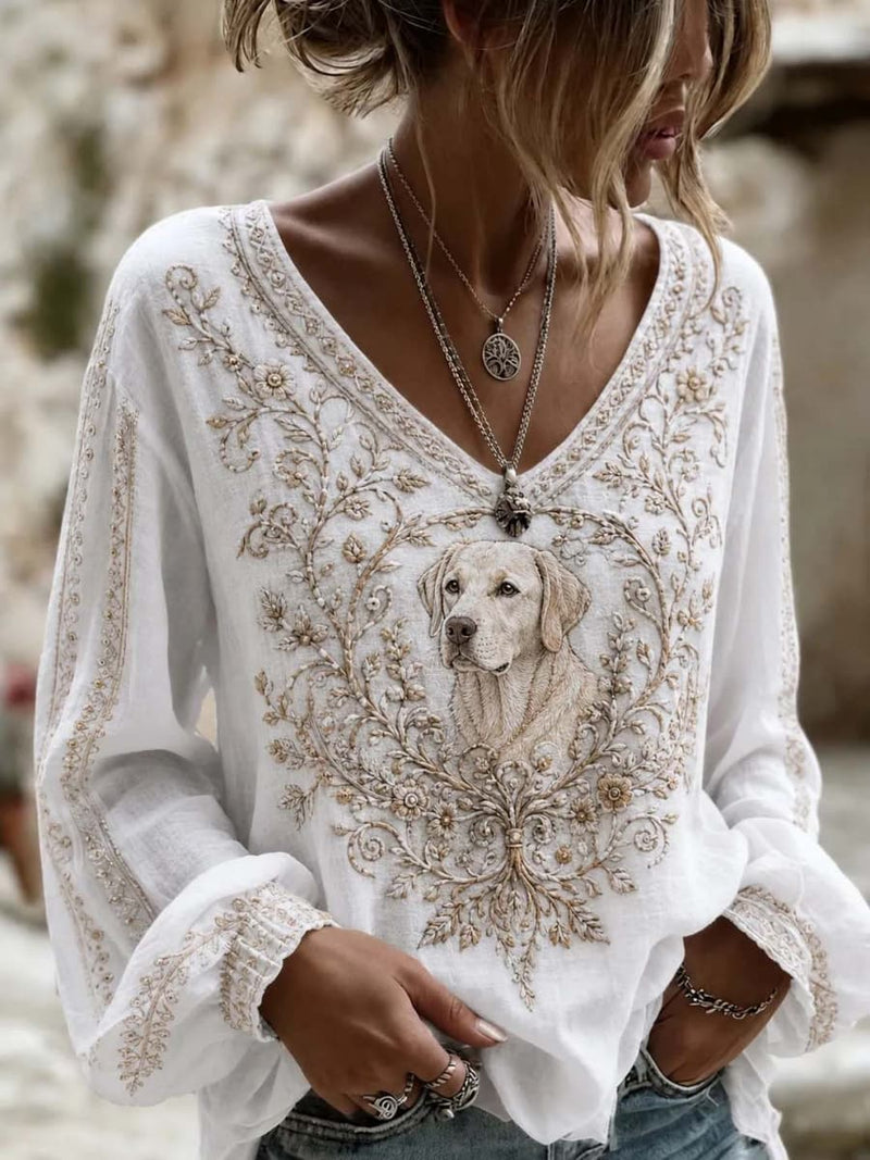 Women's White Dog Print V Neck Long Sleeve Blouse