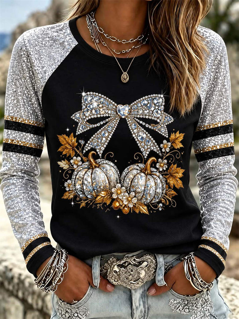 Women's Halloween Black Bow Pumpkin Crew Neck Long Sleeve Blouse