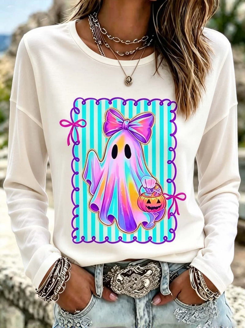 Women's Halloween Off-White Ghost Crew Neck Long Sleeve Blouse
