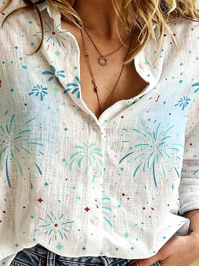 Women's White Firework Print Collared Long Sleeve Shirt