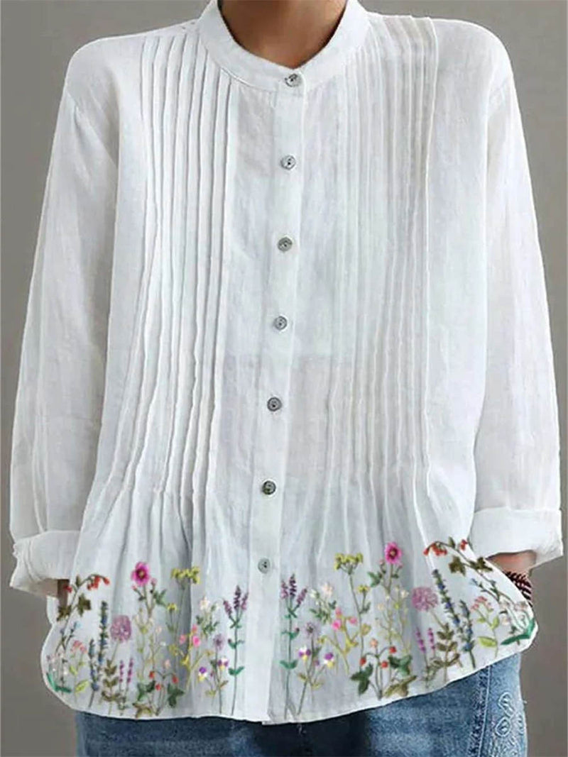 Women's White Floral Stand Collar Long Sleeve Shirt