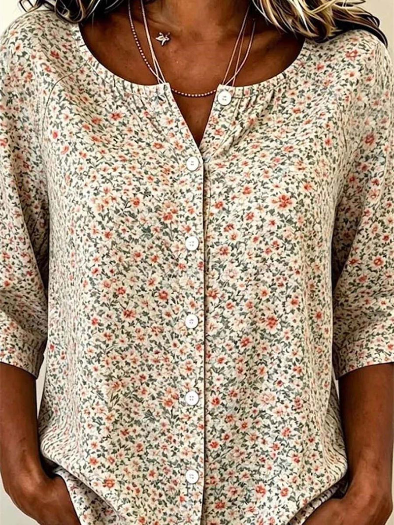 Women's  Multi Ditsy Floral V Neck 3/4 Sleeves Blouse