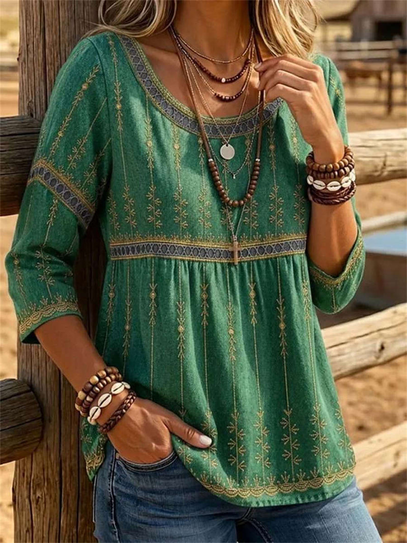 Women's Green Ethnic Embroidery Round Neck 3/4 Sleeves Blouse