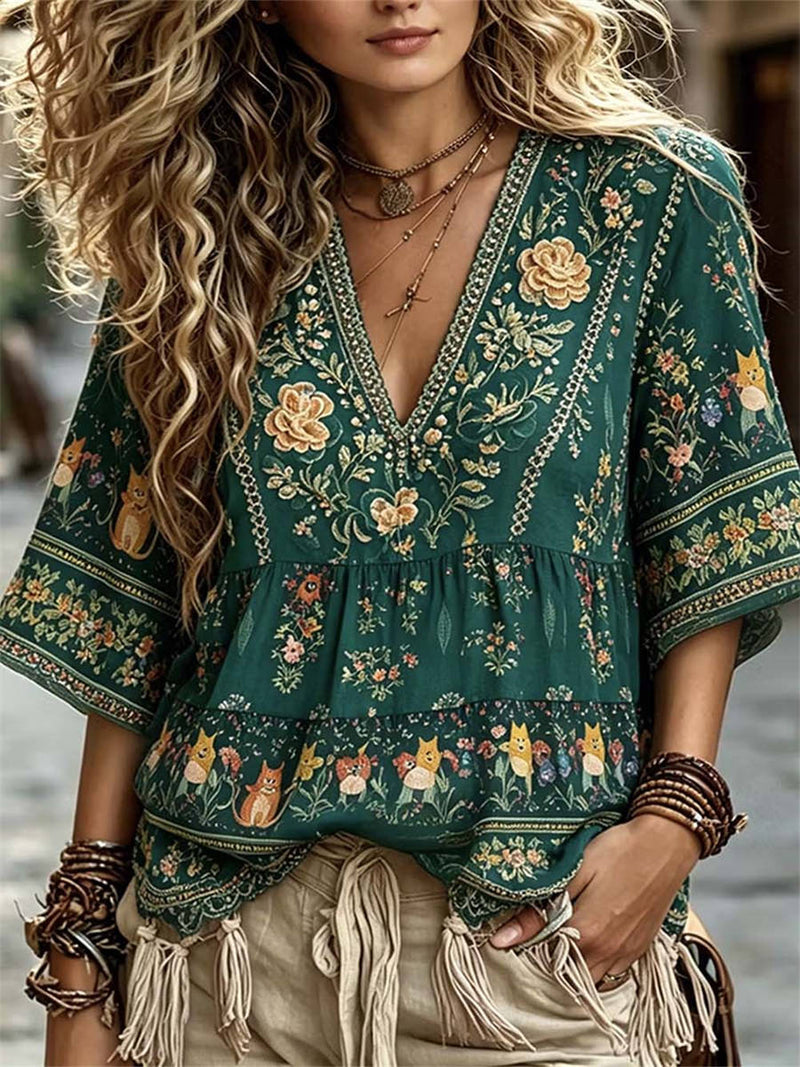 Women's Green Floral Cat V Neck 3/4 Sleeves Blouse