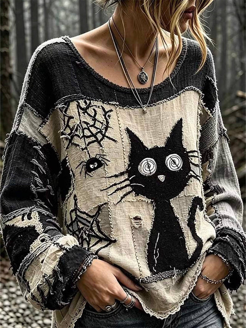 Women's Multi Black Cat Spider Patchwork Round Neck Long Sleeve Blouse