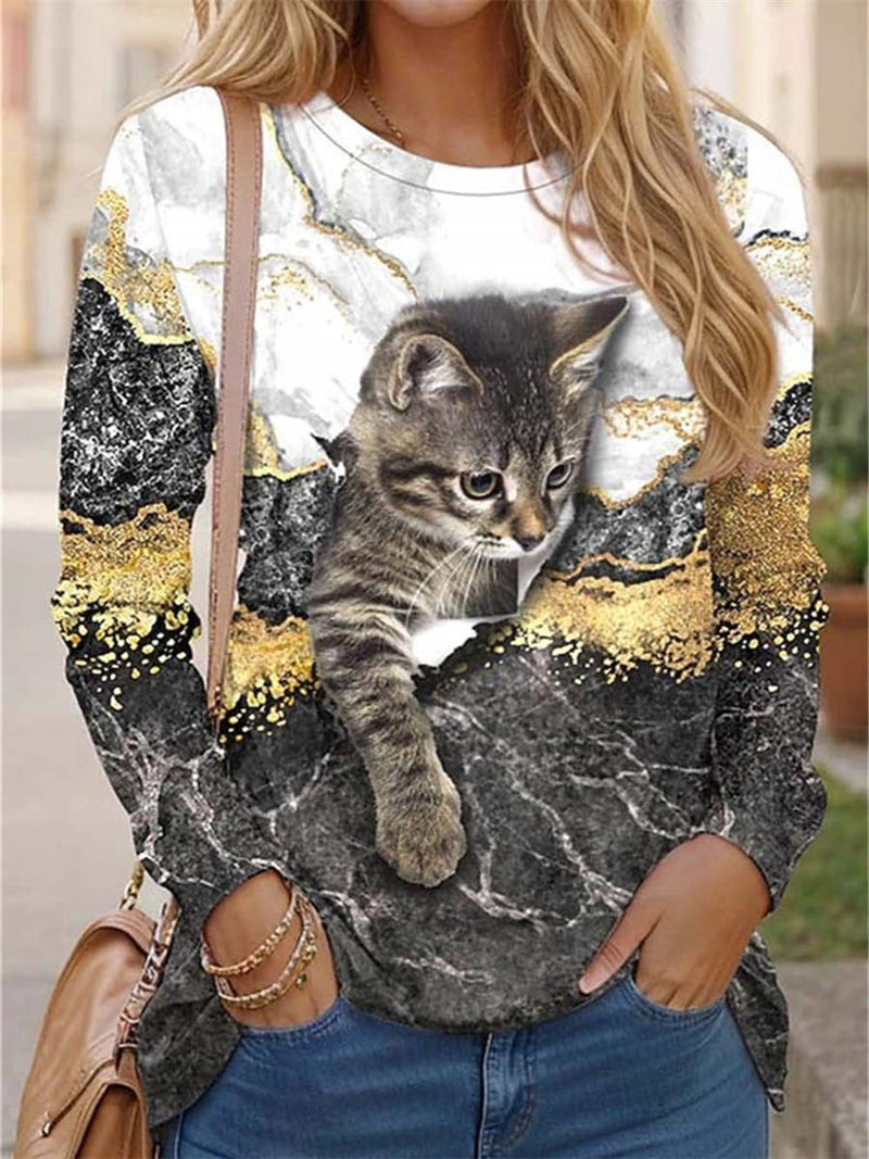 Women's Multi Marble Cat Print Round Neck Long Sleeve Blouse