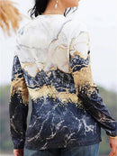 Women's Multi Marble Cat Print Round Neck Long Sleeve Blouse