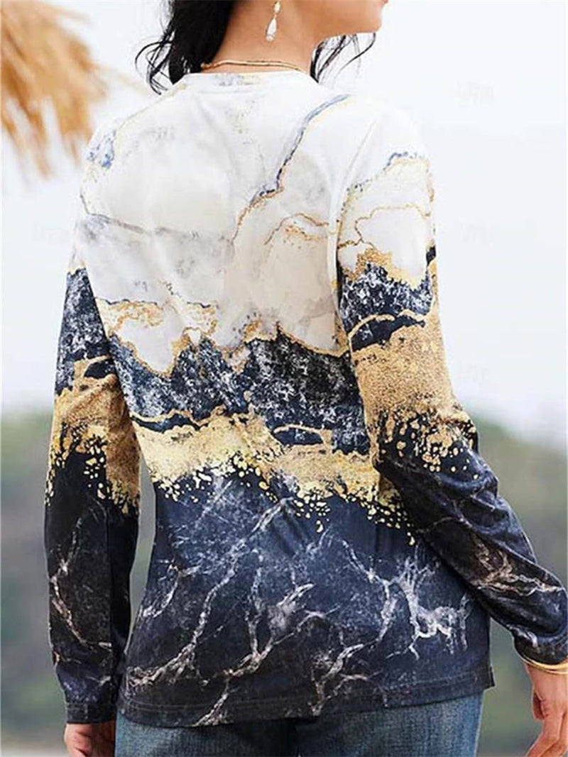 Women's Multi Marble Cat Print Round Neck Long Sleeve Blouse