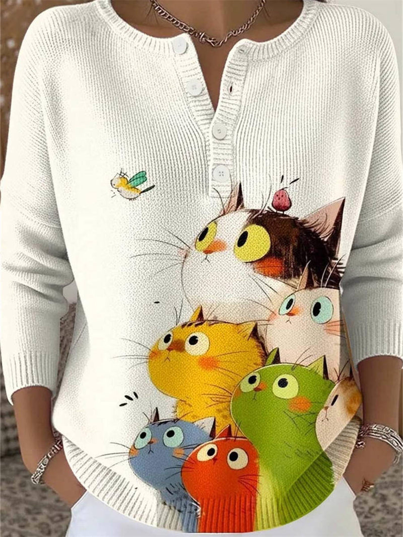 Women's White Colorful Cat Print Henley Neck Long Sleeve Blouse