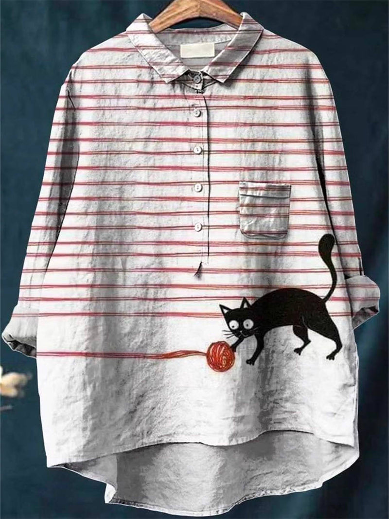 Women's White Red Stripe Cat Yarn Print Collar Long Sleeve Shirt