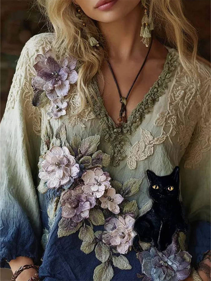 Women's Multi Gradient Floral Black Cat Embroidery V Neck Puff Long Sleeve Blouse