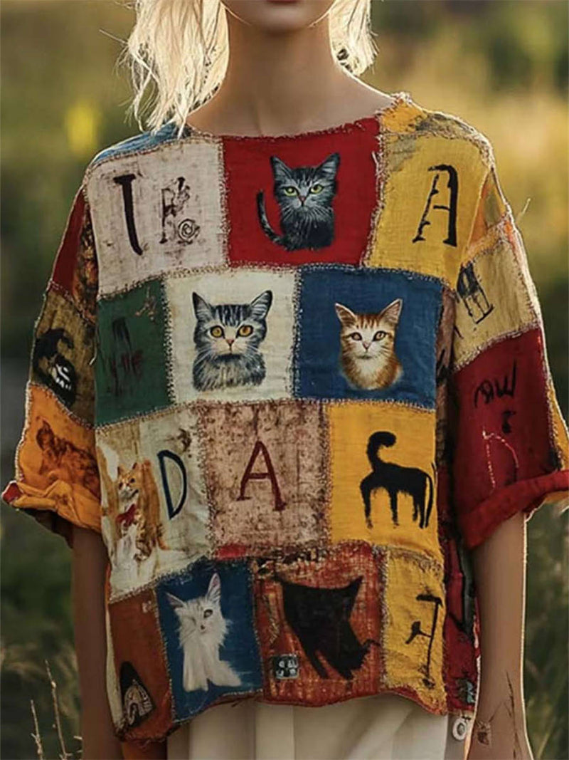 Women's Multi Cat Patchwork Round Neck Half Sleeves Blouse