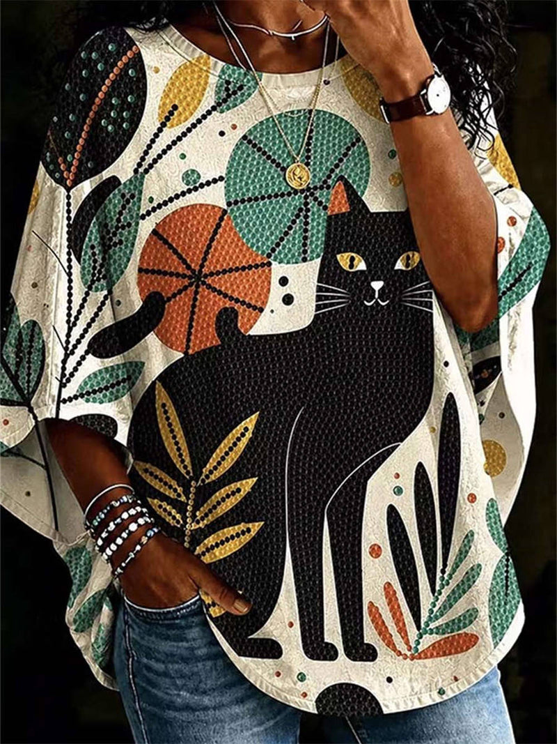 Women's Multi Cat Leaf Print Round Neck Half Sleeves Blouse