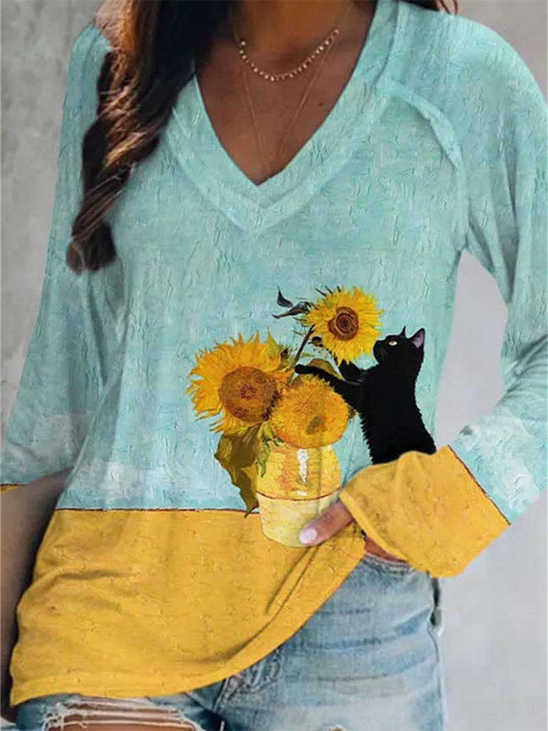 Women's Multi Cat Sunflower Print V Neck Long Sleeve Blouse