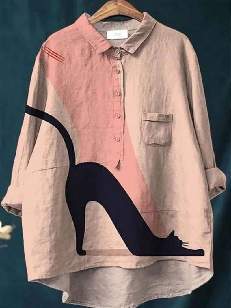 Women's Multi Cat Print Shirt Collar Long Sleeve Blouse