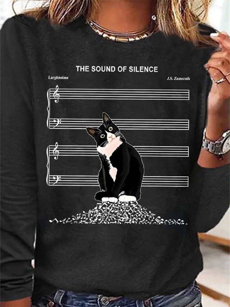 Women's Black Cat Music Note Print Round Neck Long Sleeve Blouse