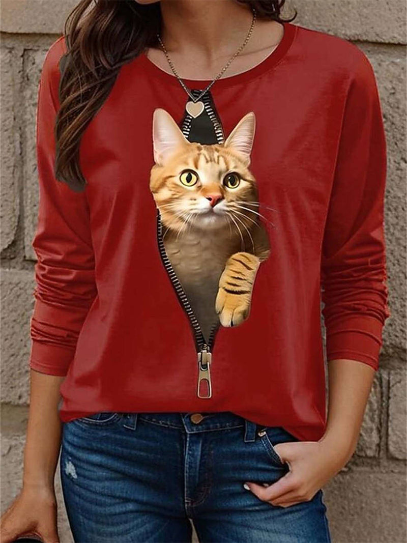 Women's Red Zipper Cat Print Round Neck Long Sleeve Blouse